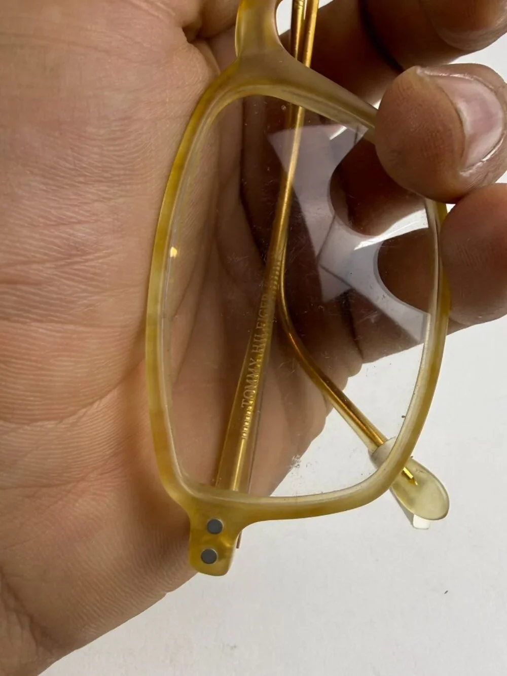 Vintage Tommy Hilfiger TH 35 Amber Horn Frames 53-18 Demo Lens Scratches